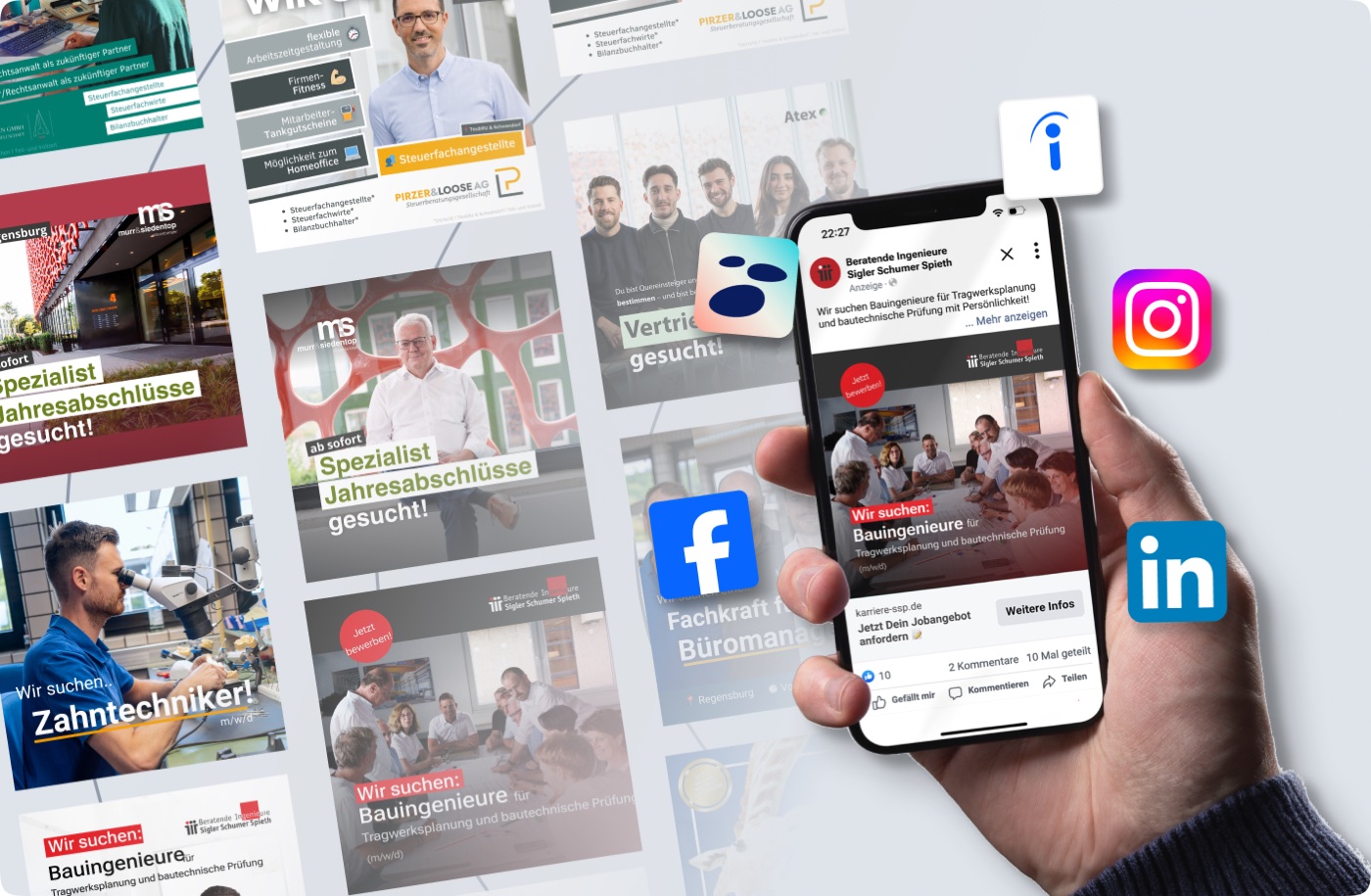 Social-Media-Anzeigen und Beiträge für Arbeitgeber auf dem Smartphone